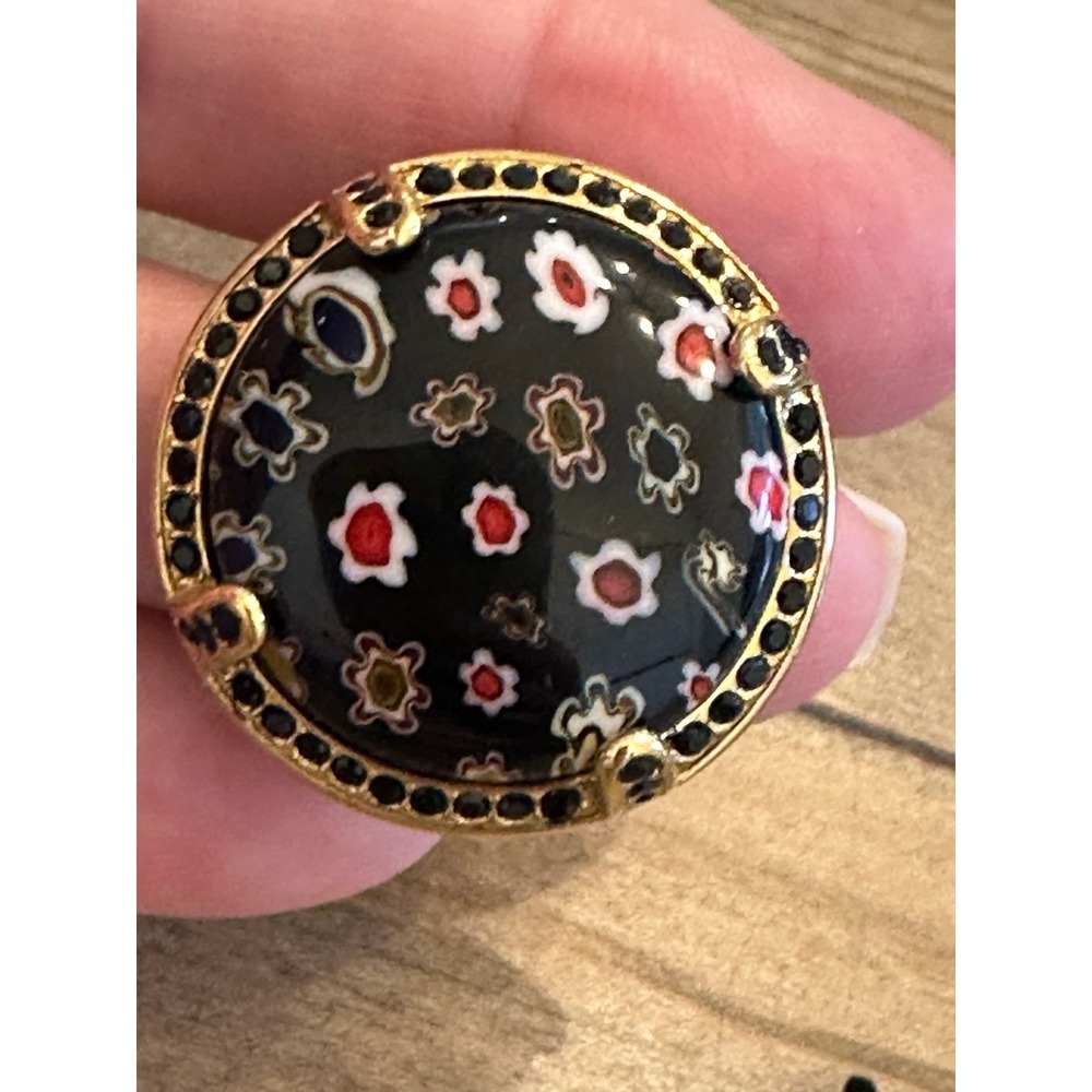NEW Black Murano Style Ring Size 7 Unique Floral Pattern with Black Crystals